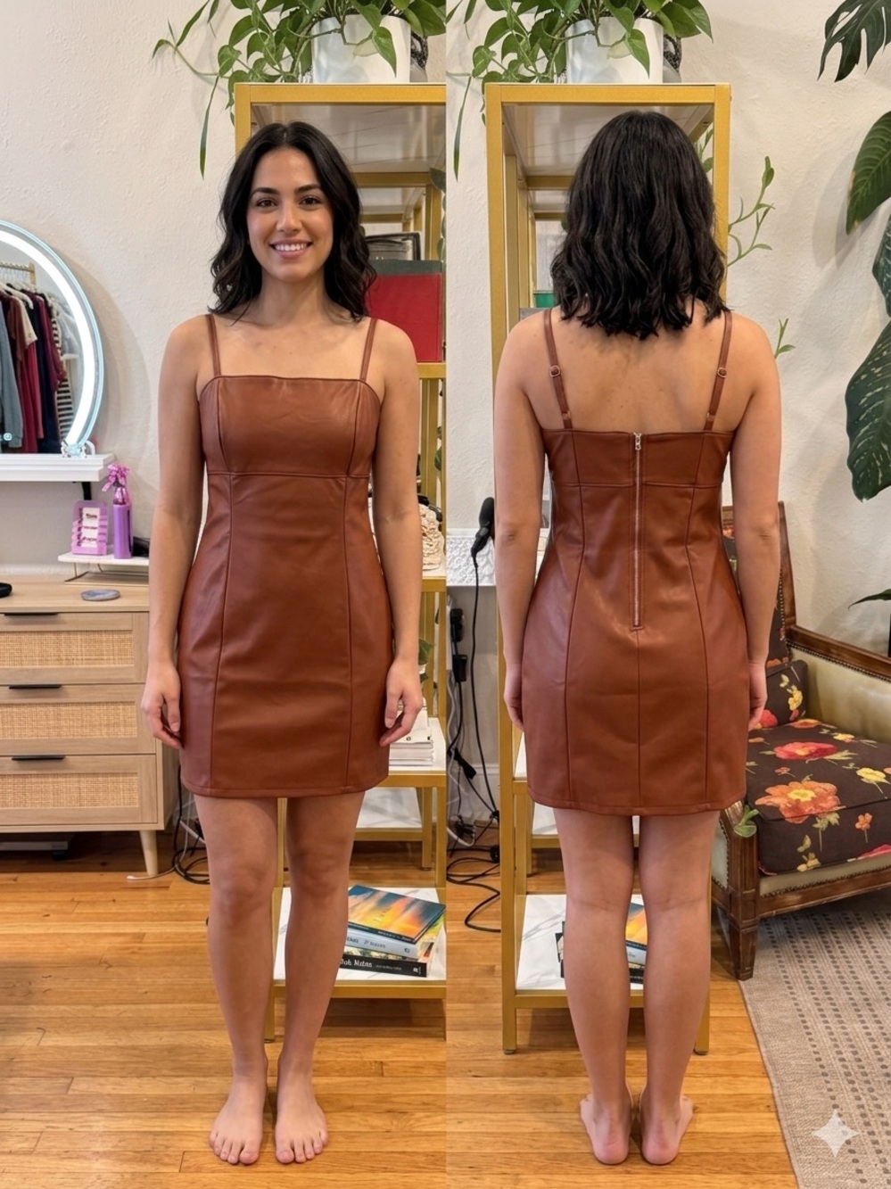 Faux Leather Chestnut Mini Dress with Square Neck